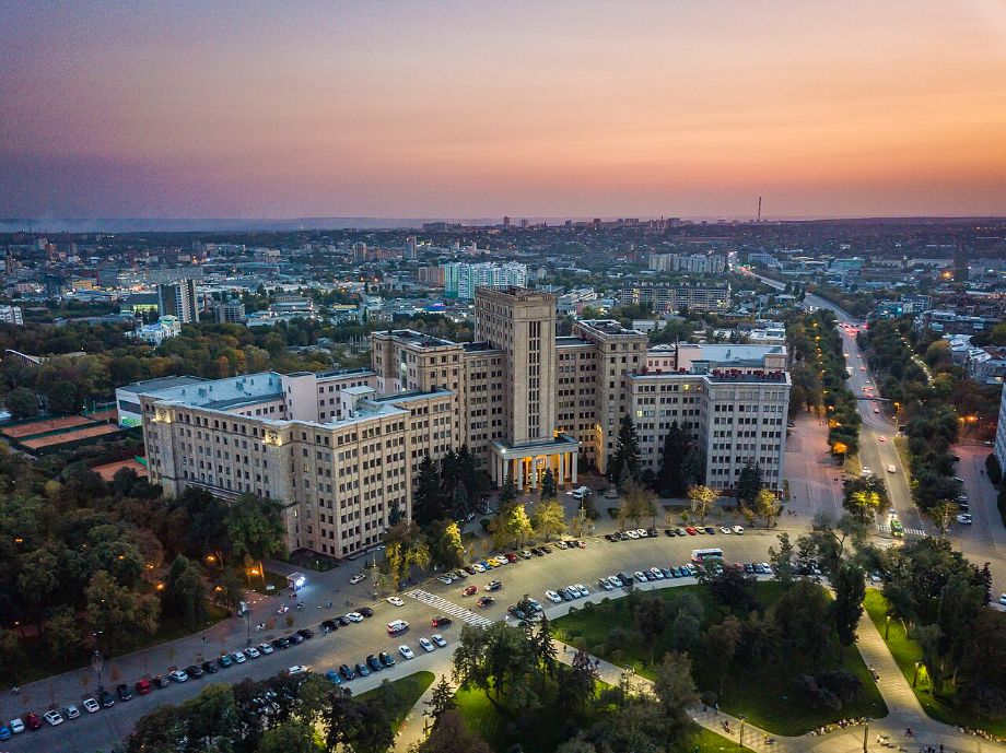 The Karazin University main building at dusk, overlooking Kharkiv