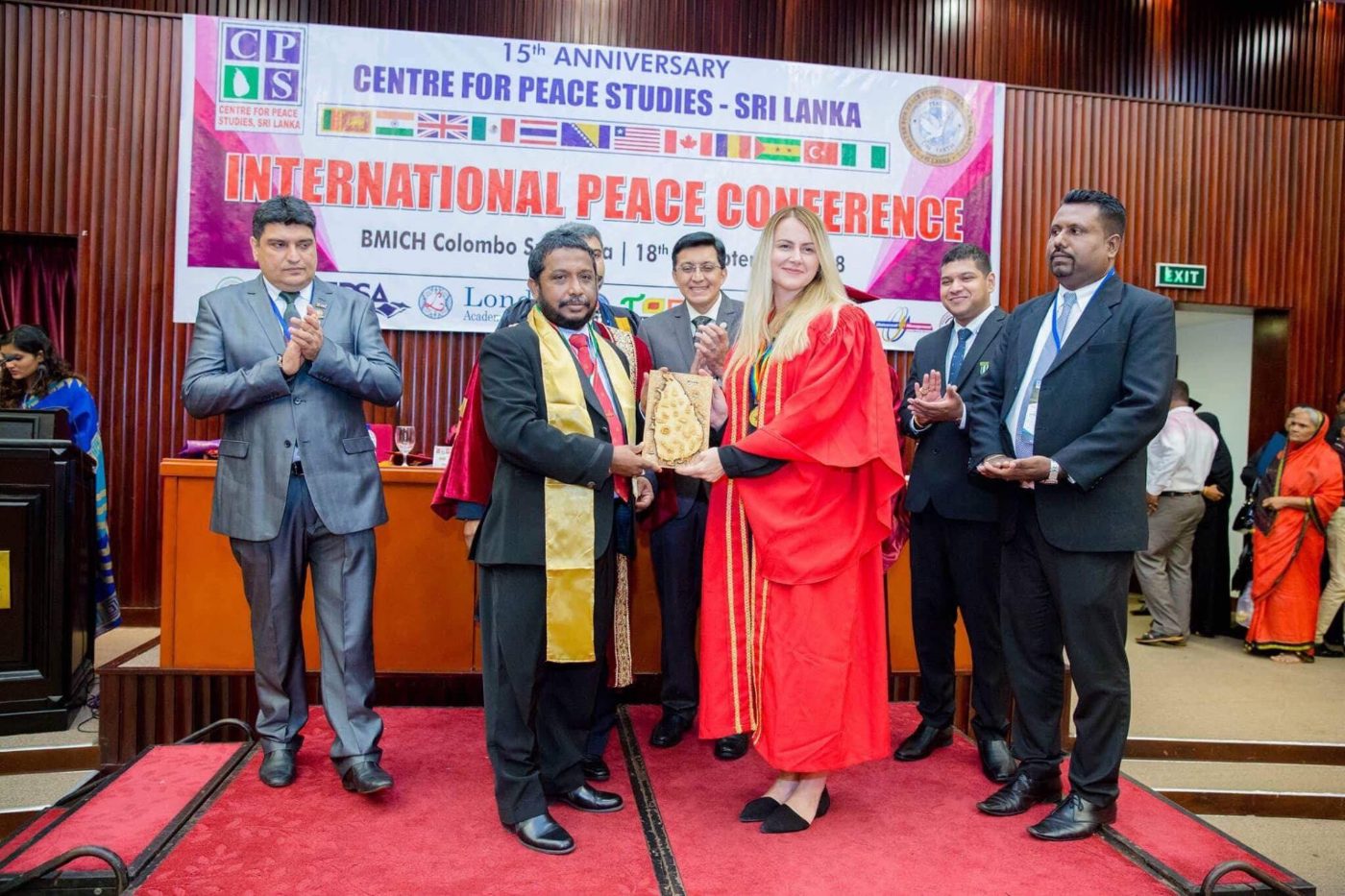 An award presented on stage during the International Peace Conference, Colombo
