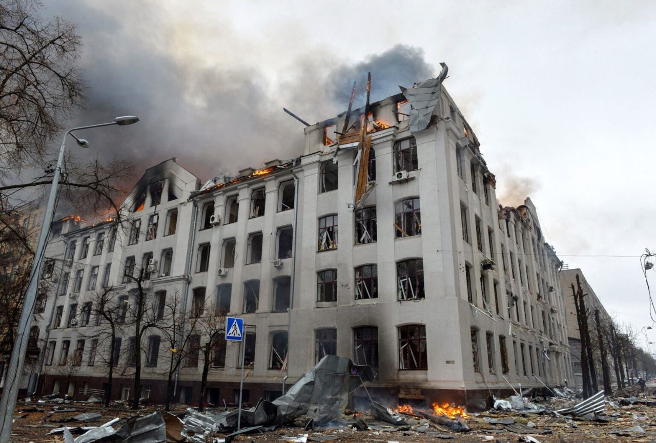 The Economy Department building of Karazin University ablaze after Russian shelling