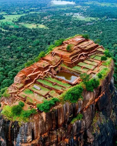 Aerial view of the Sigiriya rock fortress and its gardens